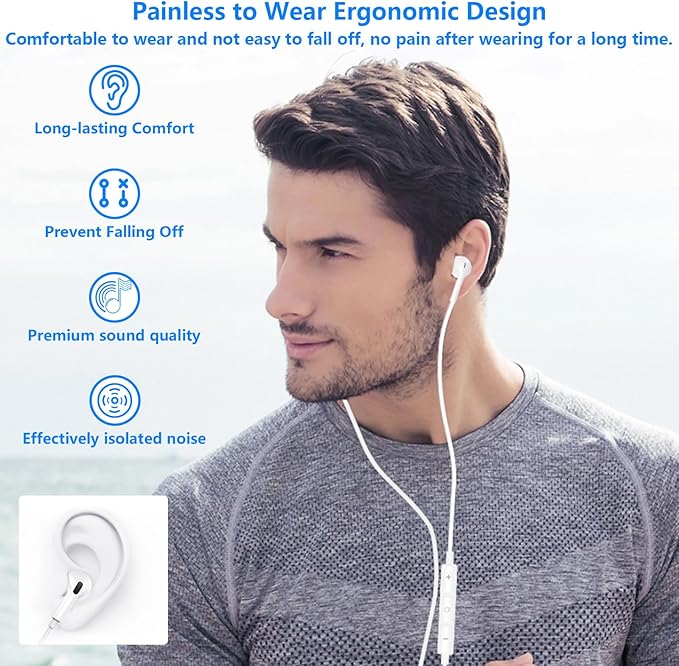 EarPods Headphones with USB-C Connector for Apple iPhone 17 16 15, 2Pack Wired Ear Buds Hi-Fi Earbuds with Built-in Remote to Control Music, Volume and Calling Microphone for iPhone 17 16 15 Pro, iPad