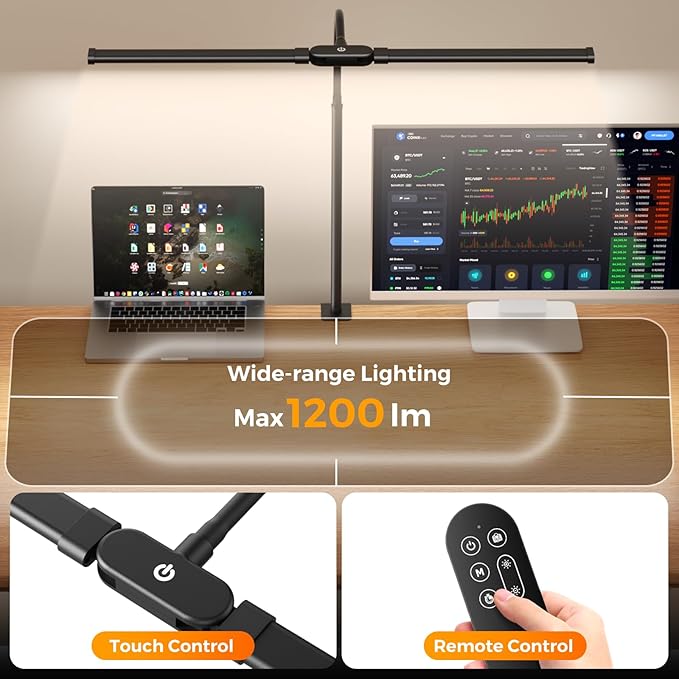 SKYLEO LED Desk Lamp with Clamp - Double Head Desk Light with Remote and Touch - Eye Protection - 12 W, 5 Color Modes, Timer and Memory Function, Flexible Gooseneck - for Office, Reading - Black