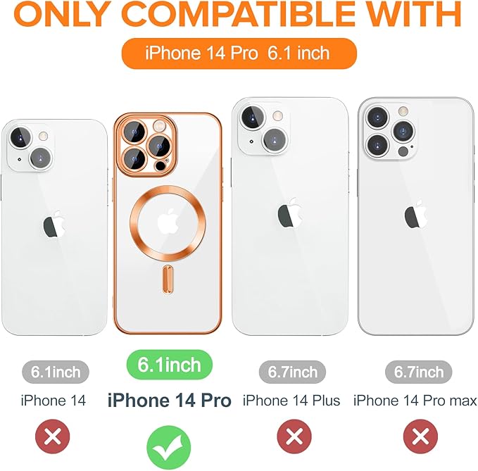 Hython Magnetic Clear for iPhone 14 Pro Case with Camera Lens Protector [Compatible with MagSafe] Luxury Plating Edge Slim Soft TPU Cover Protective Phone Case for iPhone 14 Pro 6.1", Orange