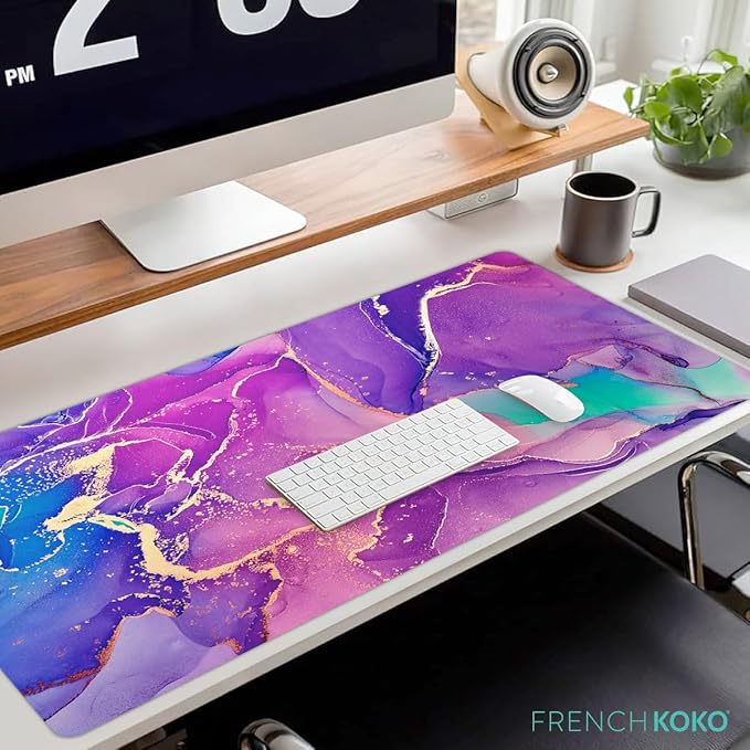 French KOKO Large Mouse Pad, Desk Mat, Keyboard Pad, Desktop Home Office Decor School Essentials College Cute Extended Laptop Protector Accessories Pretty Mousepad Women Girls Big Marble Purple