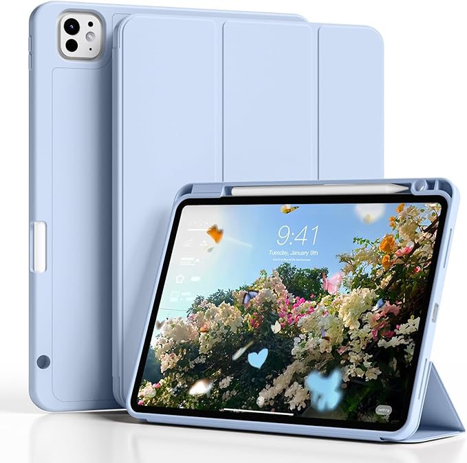 Case for iPad Pro 12.9-inch 2022/2021(6th/5th Gen),iPad Air 13 Inch(M4/M3/M2,2026/2025/2024)with Pencil Holder,2nd Gen Pencil Charging,Auto Sleep/Wake,Flexible TPU Protective Cover(Light Blue)