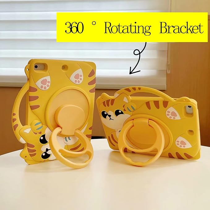 3D Cute Vivid Cat Case for iPad 9th/8th/7th 10.2 inch/Air 3rd 2019 /Pro 2017 10.5 inch,Kawaii Cartoon Character Pretty Cat Soft Silicone Rotating Stand Case with Lanyard for Kids Teens Girls Women