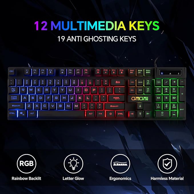 Gaming LED Keyboard Mouse Headset and Mousepad Bundle, CHONCHOW Wired Rainbow LED Light Up Gaming Keyboard Mouse Headset, Value 4 in 1 Game Set for Xbox PS4 PS5 PC Laptop Gamer