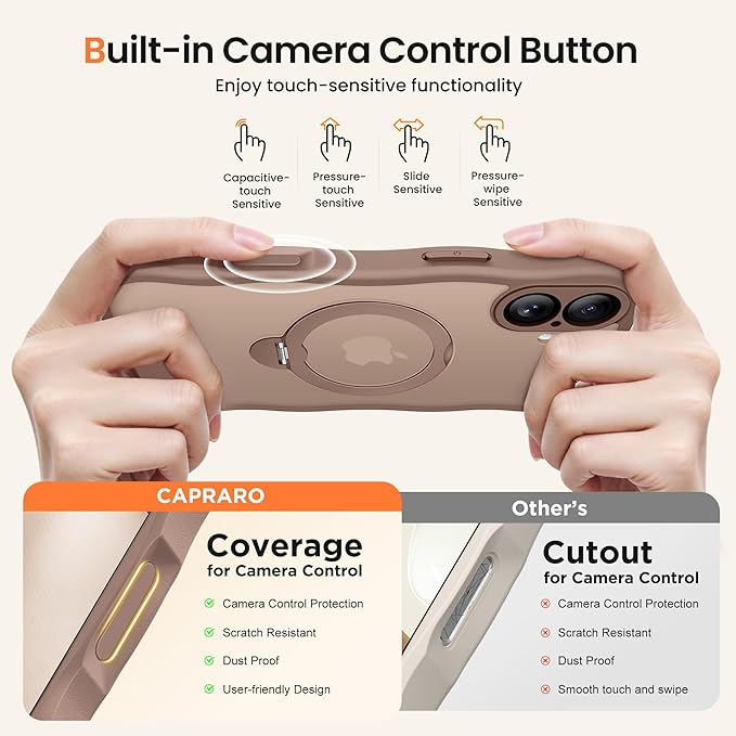 CAPRARO for iPhone 16 Case with 360° Spin Magnetic Stand for Women, [Compatible with MagSafe] [Full Camera Protection] Cute Wave Translucent Matte Case for iPhone 16, Brown