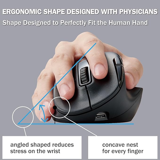 ELECOM EX-G PRO Ergonomic Mouse, Multi-Device Bluetooth or Wireless USB, Silent Click 8 Button, 1000/2000 DPI, Rechargeable, High-Speed Scroll Tilt, for Windows, macOS, Laptop, PC, Tablet (Large)
