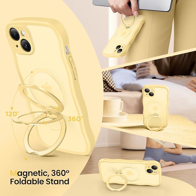 CAPRARO for iPhone 15 Plus Case with 360° Spin Magnetic Stand for Women, [Compatible with MagSafe] [Full Camera Protection] Cute Wave Translucent Matte Case for iPhone 15 Plus, Jasmine Yellow