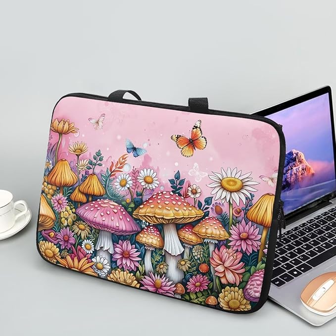 12 Inch Mushroom Butterfly Laptop Sleeve Cover Computer Bag Tablet Carrying Case with Handle, Water-Repellent Tote Bags Notebook Sleeves Handbag Messenger Briefcase Shoulder Bag