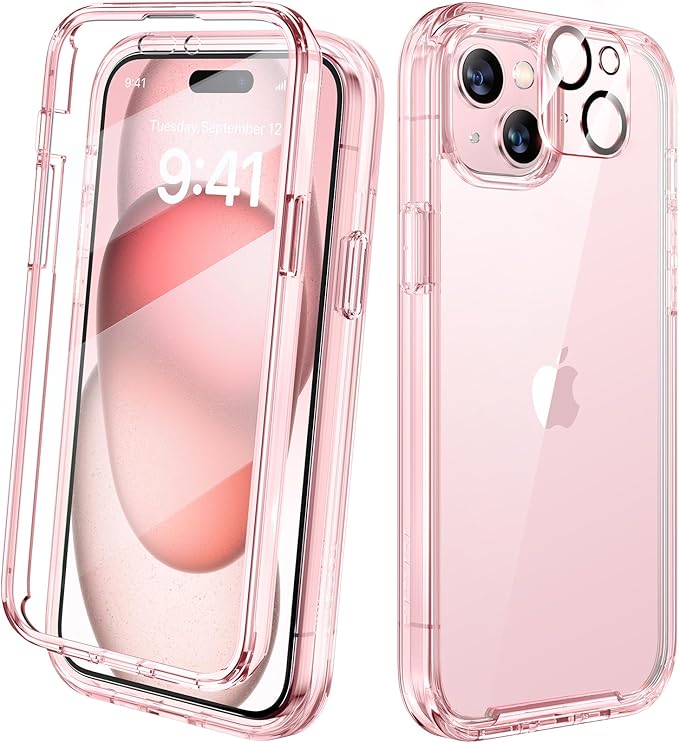 Diaclara Designed for iPhone 15 Plus Case 6.7 Inch, Full Body Rugged Case with Built-in Touch Sensitive Anti-Scratch Screen Protector + Glass Camera Lens Protector for iPhone 15 Plus,Clear Pink
