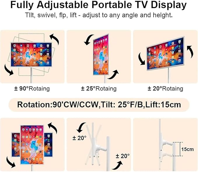 4K Smart Portable TV On Wheels, Touch Screen Monitor with 4K HD Display, Android 13 OS, Full Swivel Rotation, Dual Speakers & Wireless Connectivity for Home/Office/Travel 27in-8G128G