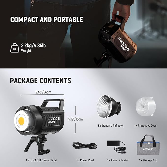 NEEWER FS300B 300W LED Studio Video Light, Bi Color COB Continuous Lighting with 2.4G/APP Control 44500Lux/1m 2700K-6500K CRI97+, 12 Scenes, Bowens Mount Spotlight for Photography Recording Streaming
