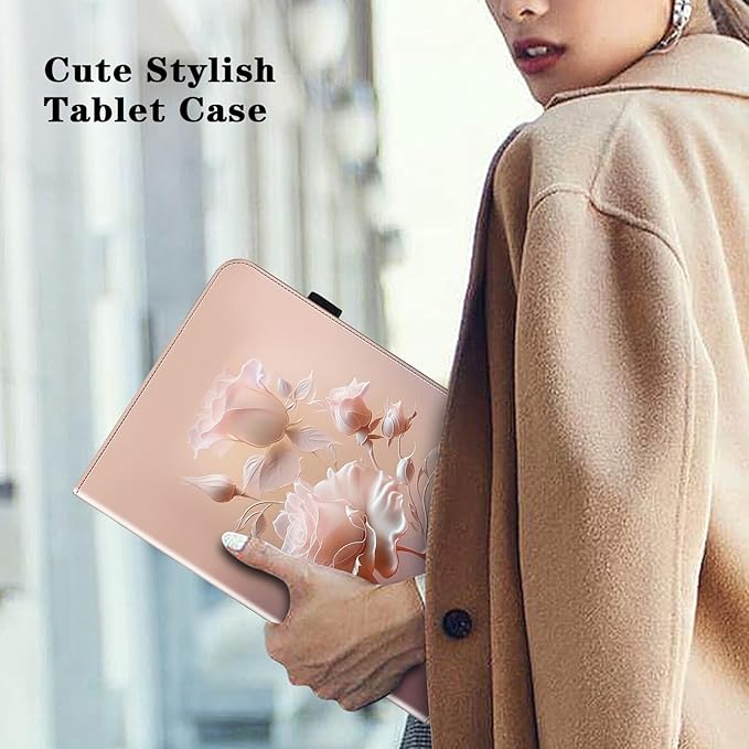 Case for iPad Air 13 inch (M4/M3/M2) 2026/2025/2024, PU Leather Stand Shockproof Cover with Pen Holder & Card Slots - Ceramic Roses