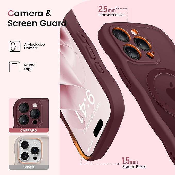 CAPRARO for iPhone 15 Pro Case with 360° Spin Magnetic Stand for Women, [Compatible with MagSafe] [Full Camera Protection] Cute Wave Translucent Matte Case for iPhone 15 Pro, Wine Red