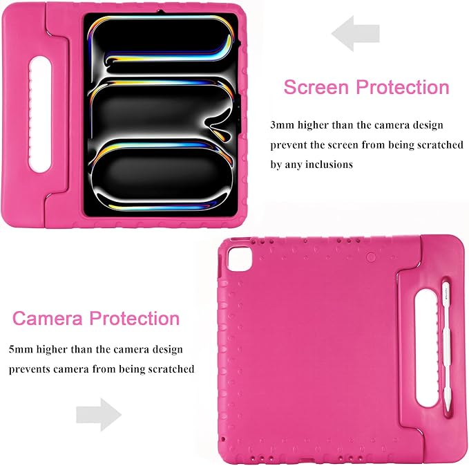 Kids Case for iPad Pro 13 inch M5/M4 (2025/2024) with Pencil Holder/Convertible Handle Stand Shockproof Slim Lightweight Cute Soft EVA Heavy Duty Rugged Kickstand Cover for Children, Rose
