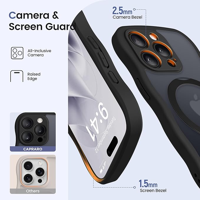 CAPRARO for iPhone 13 Pro Max Case with 360° Spin Magnetic Stand for Women, [Compatible with MagSafe] [Full Camera Protection] Cute Wave Translucent Matte Case for iPhone 13 Pro Max, Black