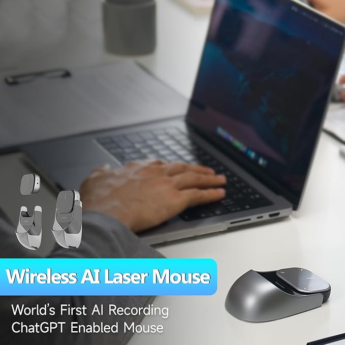 Wireless AI Mouse - 3 in 1 Detachable Computer Mouse, Presenter Presentation Pointers Remote with Laser, Ultra-Lightweight, Compatible with PC/Mac/Laptop (No ChatGPT, No Recording, Silver)