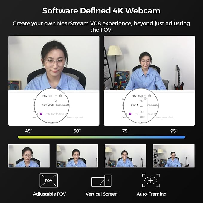 NearStream 4K Webcam for Streaming - Noise Canceling Mic, 45°-95°Adjustable FOV, Auto Focus, AI Framing, Software Control, Plug&Play, Works with Zoom/Teams/Skype/Google Meet