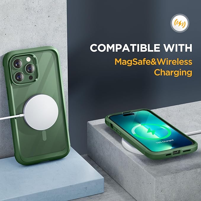 Miracase Magnetic for iPhone 13 Pro Max Case 6.7 inch, (Compatible with MagSafe) Upgrade Full-Body Clear Phone Bumper Case with Built-in 9H Tempered Glass Screen Protector, Magnetic Acacia Green