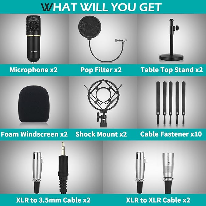 Sherr 2 Pack XLR Condenser Microphone Professional Studio Cardioid Microphone Kit Include Cardioid Mics Shock Stand Windproof Cotton Blowout Net Metal Stand Male Female Cable for Podcasting Record