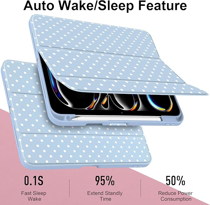 Case for iPad Pro 11 Inch (M5 2025 M4 2024) – [Built-in Pencil Holder], Shockproof & Stylish, Clear Hard Back + Soft TPU Edge, Magnetic Trifold Stand, Auto Wake/Sleep, Blue White dot