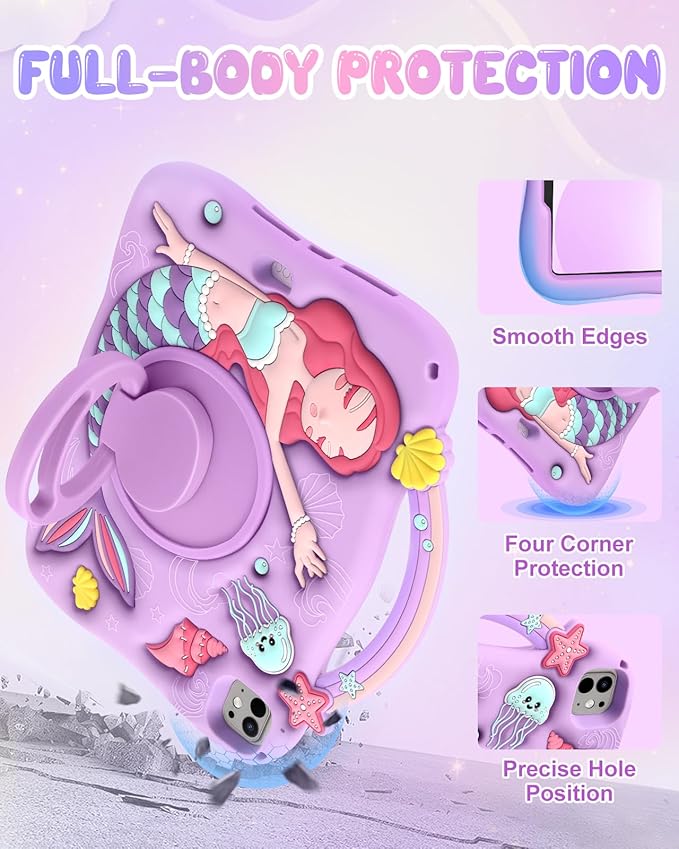 Boaretiu for iPad Air 11 Inch Case M3/M2 - for iPad Pro 11 Inch Cute Cartoon 3D Mermaids Girls Teens Soft Silicone Air 4th/5th Generation 10.9" Tablet Cover with Strap & Rotating Stand