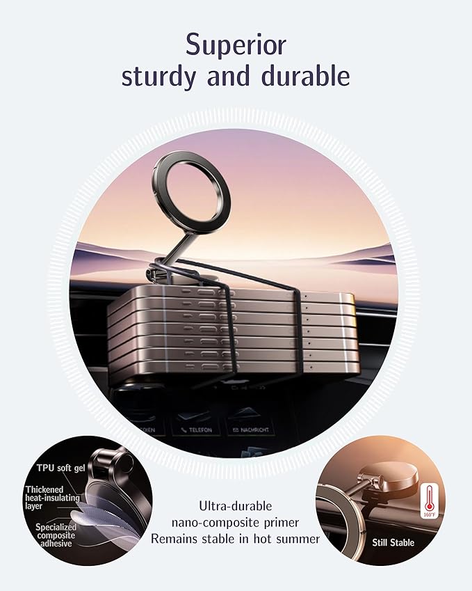 AAF for MagSafe Car Mount, Ultra-Strong Magnetic Phone Holder for Car &Bed &Desk Compact Dashboard Windshield, All Metal 360°Free Rotation [One-Hand Adjustable] Foldable, Easy Setup for iPhone Android