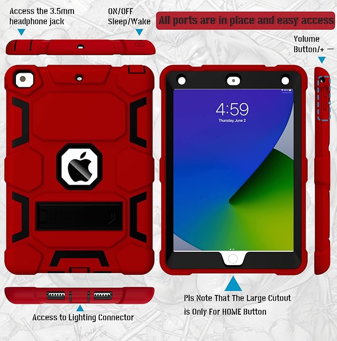 CCMAO iPad 6th Generation Cases, iPad 5th Generation Case, iPad 9.7 Case, iPad Air 2 Case, Hybrid Shockproof Rugged Drop Protection Case Built with Kickstand, Red+Black
