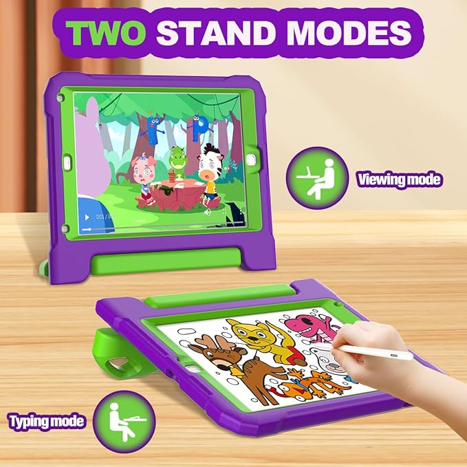 YIHE Kids Case for iPad 9.7 Inch with Screen Protector, Shockproof Handle Convertible Stand Case for iPad 9.7 6th/5th Generation 2018/2017, iPad Air 2/1& iPad Pro 9.7, Purple&Green