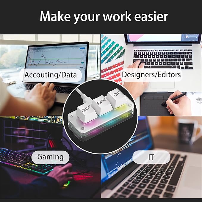Copy Keyboard, Cut Copy Paste Keypad, One Handed Macro Keypad, Programmable Mechanical Keyboard for Working and Gaming, Shortcut Keyboard for PC, MAC, Laptop (White)