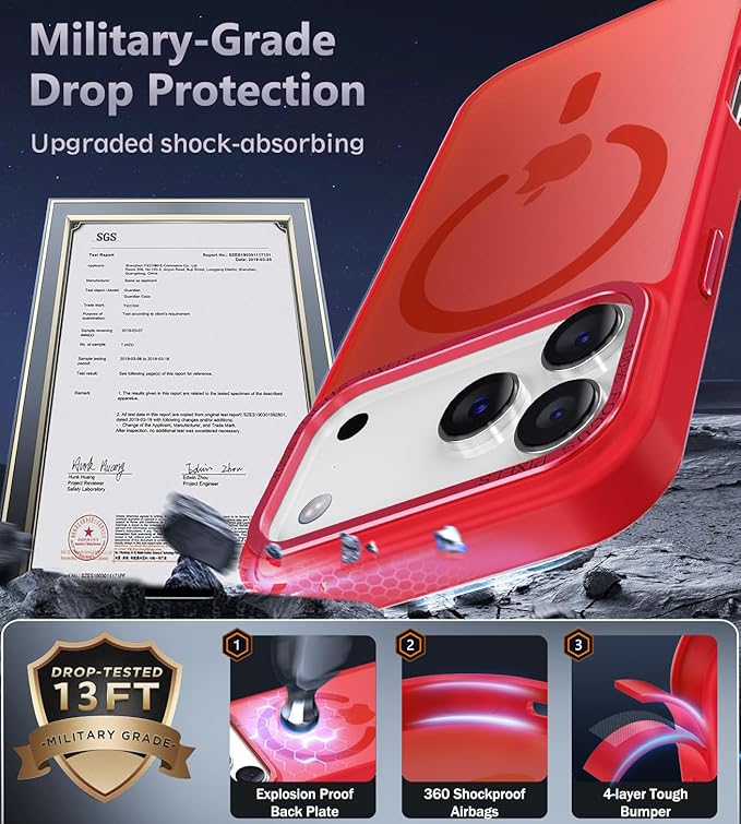 Newfuture Magnetic for iPhone 17 Pro Max Case [Compatible with Magsafe] [Military Grade Drop Protection] Translucent Matte Anti-Scratch Shockproof Protective Phone Cover 6.9 Inch, Red