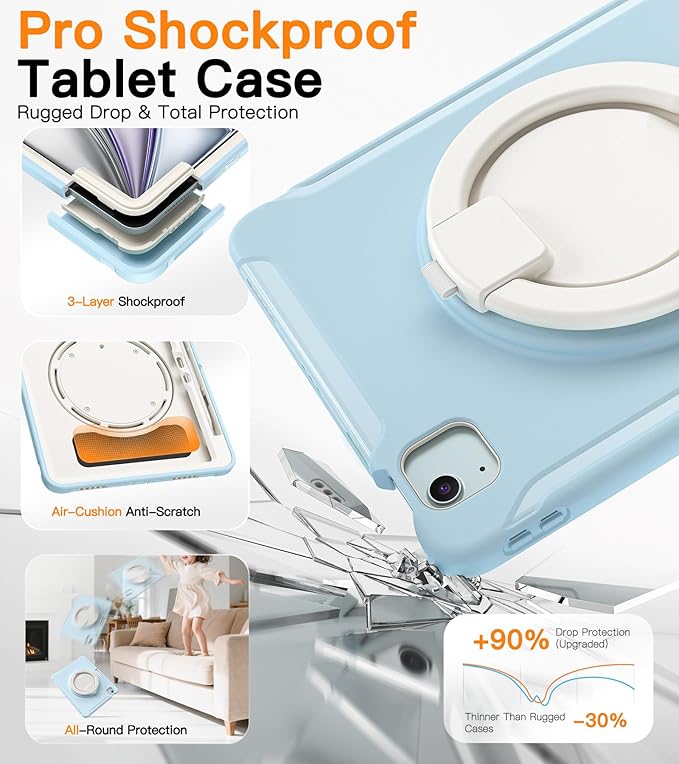 BATYUE Shockproof Case for iPad Air 11" M2/M3/M4, Air 4/5 10.9", iPad Pro 11" 1st-4th Gen 2018-2022 | 360° Multi-Angle Stand (Portrait & Landscape) & Grip, Built-in Pencil Holder, Frozen Blue
