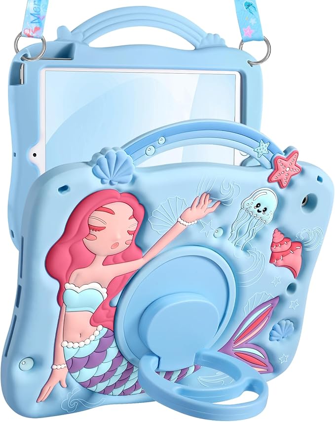 Boaretiu for iPad 9th Generation Case 10.2 Inch - 3D Cute Cartoon Blue Mermaids for iPad 7th/8th/9th Gen Girls Teens Soft Silicone Tablet Cover with Strap & Rotating Stand