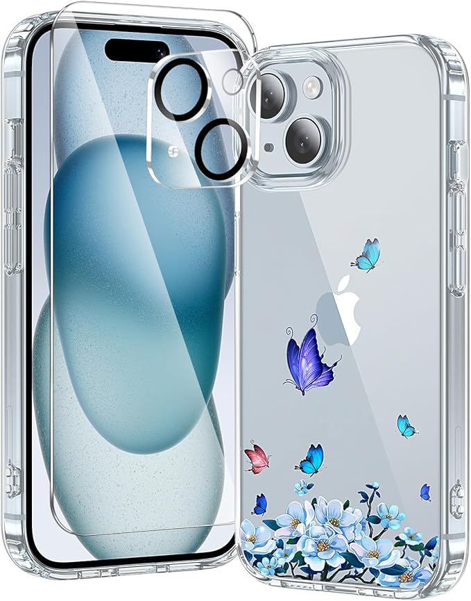toushion 3 in 1 for iPhone 15 Case Clear, Screen Protector *1 & Camera Lens Protector*1, Print Shockproof for iPhone 15 Phone Case 6.1 inch Floral