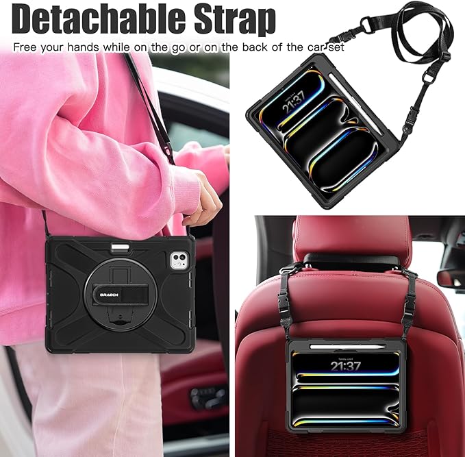 BRAECNstock for Apple iPad Pro 11 inch Case M5 2025/ M4 2024, Shockproof Protective Case with Pencil Holder,360° Rotating Hand Strap + Stand, Shoulder Strap for iPad Pro 11 M5/ M4, Black