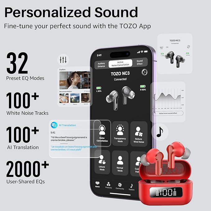 TOZO Hybrid Active Noise Cancelling Wireless Earbuds with 6 Mics AI Clear Call Ear Buds 68H Playtime with LED Display 32 Preset EQs via APP Bluetooth 5.3 IPX8 Waterproof in Ear Headphones