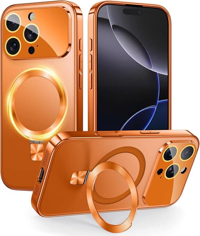 TOBOVON Magnetic for iPhone 16 Pro Max Case with Ring Stand, Fits MagSafe, with Built-in Camera Lens Protector, Slim Electroplated Shockproof Phone Cover, Orange