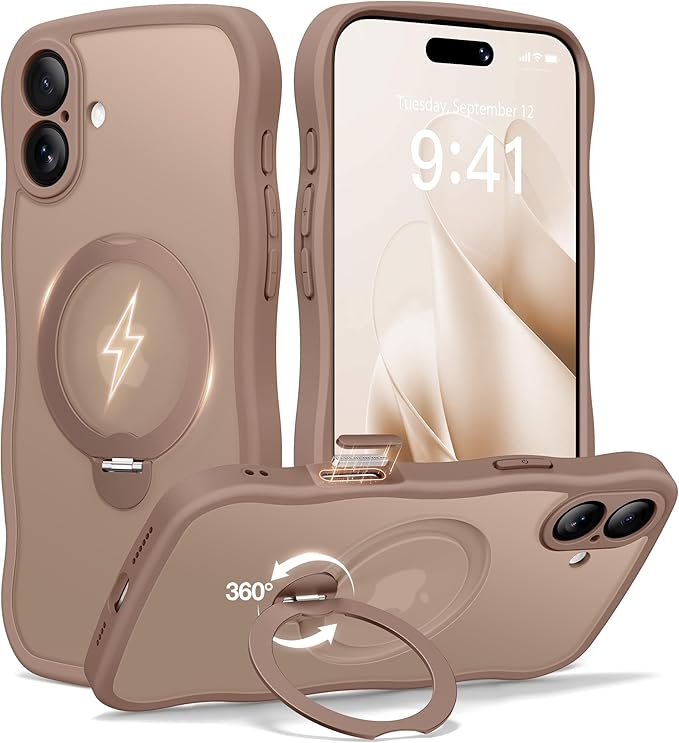 CAPRARO for iPhone 16 Case with 360° Spin Magnetic Stand for Women, [Compatible with MagSafe] [Full Camera Protection] Cute Wave Translucent Matte Case for iPhone 16, Brown