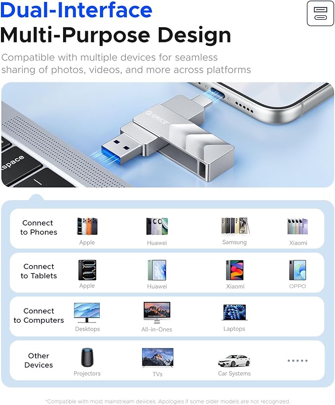 ORICO 128GB USB Flash Drive SSD, External TLC NAND Solid State Drive Up to 400MB/s Read, 300MB/s Write High Speed USB-C & USB-A Port,Metal Housing Swivel Design Compatible with iPhone 17, Android, PC