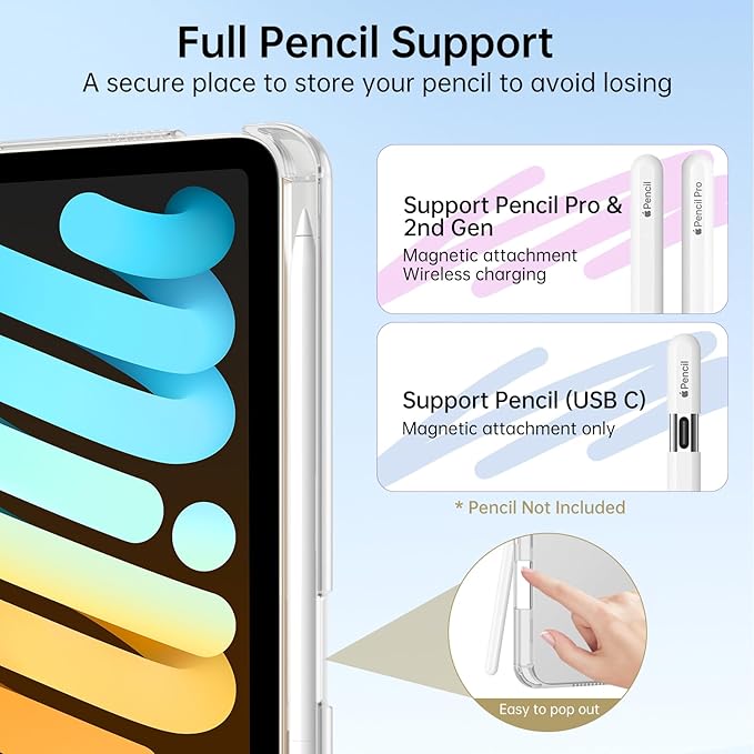 MoKo for iPad mini 7 A17 Pro Case 2024, iPad mini 6th Generation Case 8.3 Inch 2021 with Pencil Holder, Slim Light Trifold Smart Protective Cover with Hard PC Translucent Back Shell, White