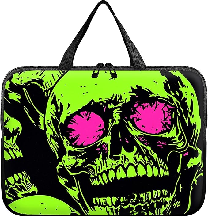 Laptop Sleeve Case Bag 15 inch, Neon Green Skull Slim Carrying Case Handbag Travel Laptop Bag for 15 inch MacBook Air M3/M2/15 Pro/Surface Laptop 7/6/5/4/3/ Dell XPS 15 Plus