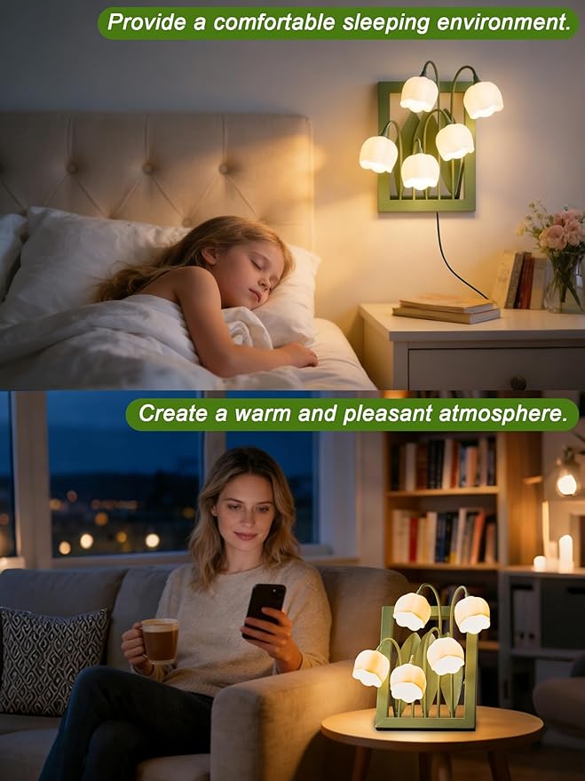 Flower Lamp,Bedside Vintage Table Lamps,5 Lily of The Valley Night Lights,3 Colors Modes Kawaii Bedside Lamp Decor,Cute Desk Lamp for Bedroom,Living Room,Office Home Decor(Green Picture Frame)