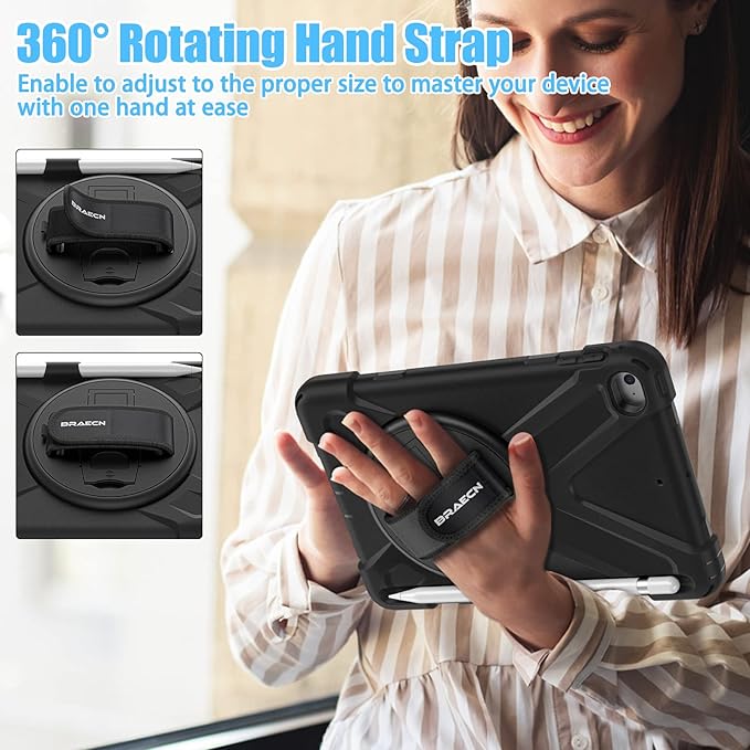 BRAECNstock for Apple iPad mini 5/4 Case 2019/2015 7.9", Shockproof Protective Cover with Pencil Holder, Rotating Hand Strap & Stand, Shoulder Strap, Case for iPad mini 5th/4th Generation, Black