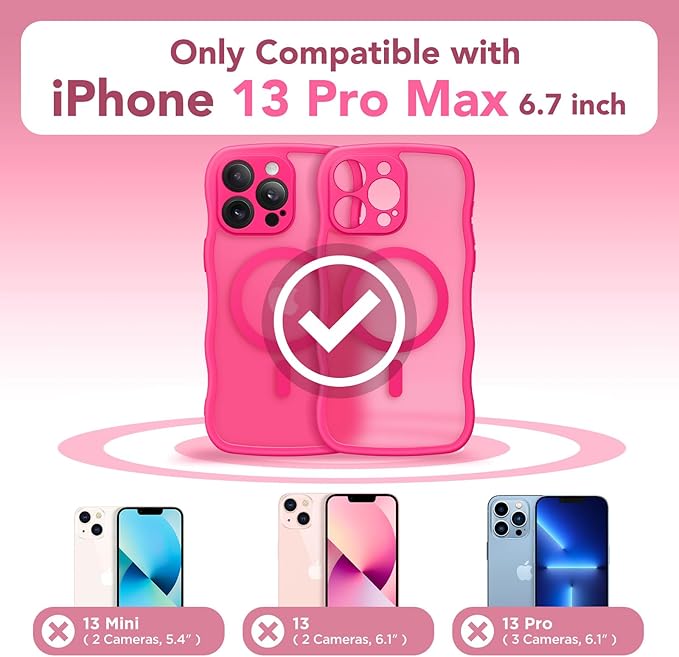 CAPRARO Cute for iPhone 13 Pro Max Case, Compatible with MagSafe, [Curly Wave Edge] [Full Camera Protection] [14 FT Drop Protection] Magnetic Phone Case for 13 Pro Max 6.7 Inch, Hot Pink