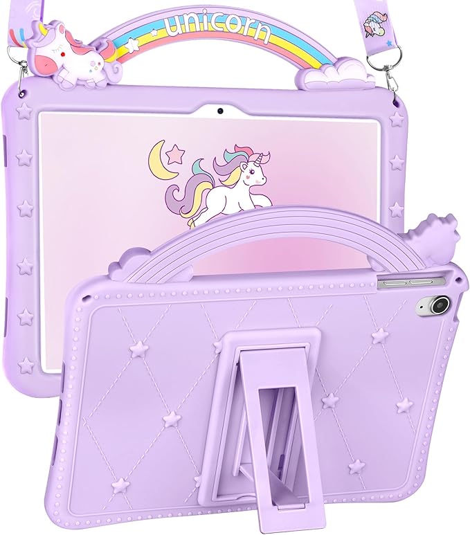 Wazzasoft for iPad 10th Generation Case 10.9 Inch Girls Cute Girly Cartoon Kawaii Pretty Purple Design Cover with Stand & Strap Unique Women Teens Funda for Apple iPad 10th Gen 2022 A2696 A2757 A2777