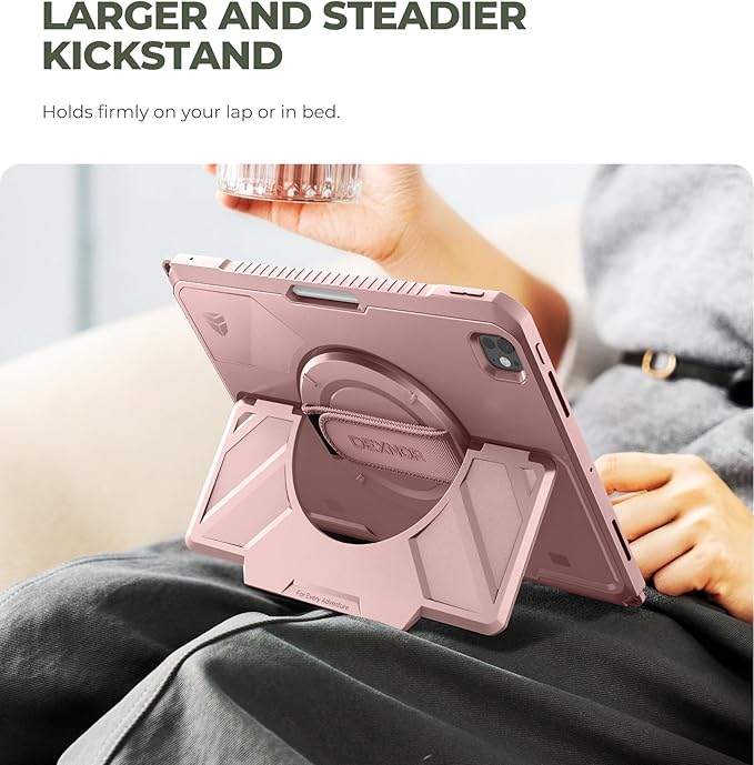 Dexnor for iPad Pro 13 inch Case M5 2025/M4 2024, Rugged Protective Case with 360° Rotating Hand Strap & Large Steady Stand & Screen Protector & Pencil Holder Shockproof Full-Body Bumper Cover,Pink