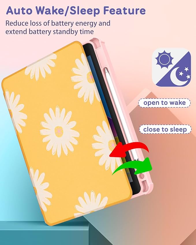 Uppuppy for iPad Pro 12.9 Case Folio Cover with Pencil Holder Girls Women Cute Kids Girly Flower Pretty Floral Kawaii Yellow Rotating Stand for Apple iPad Pro 12.9 Inch Cases 2022/2021/2020/2018