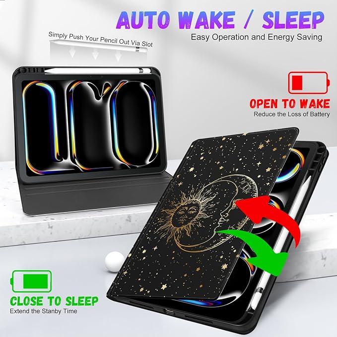 Uppuppy for iPad Pro 11 Inch Case 2024 - Women Girls Cute Folio Smart Cover with Pencil Holder Sun Moon Star Black Girly Pretty Unique for iPad Pro 11 M4 Cases A2836 A2837 A3006