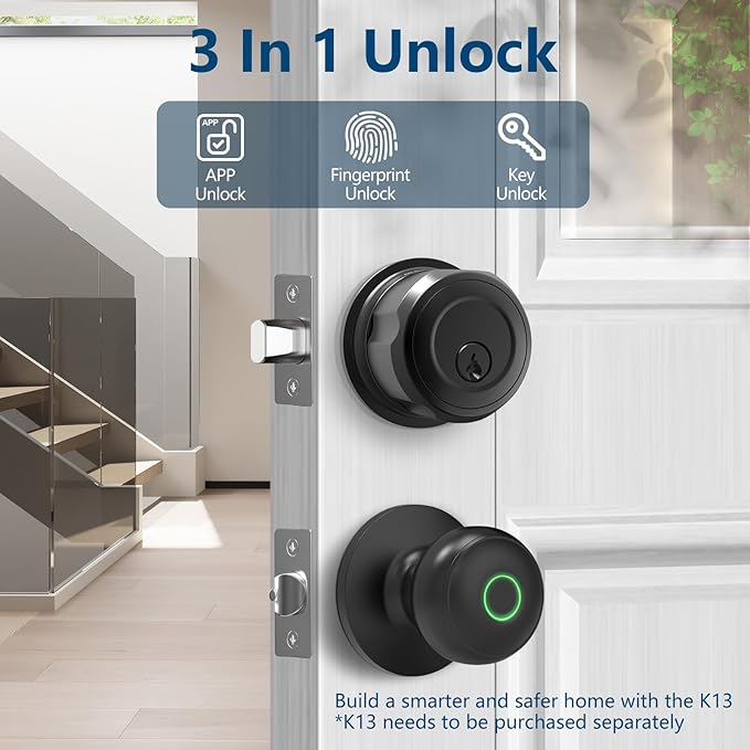 GeekTale Smart Deadbolt, Fingerprint Deadbolt Lock, Fingerprint Door Knob with Lock, Keyless Deadbolt, Keyless Entry Door Lock with App, for Front Door, Garage, Easy Installation