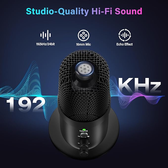 USB Microphone, Computer Condenser Mic with Noise Cancellation, Echo Mode, RGB Lighting, Mute Button, Plug & Play Gaming Mic for PC, Mac, PS5, Streaming, Recording, Podcasting & Online Meetings