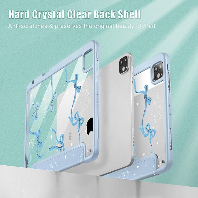 Tuiklol for iPad Pro 11 Inch 4th / 3rd / 2nd / 1st Gen (2022 2021 2020 2018) Case -Built-in Pencil Holder Shockproof Cover Clear Transparent Back Shell with Auto Wake/Sleep, Bow-Blue