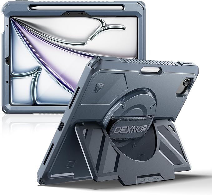 Dexnor Case for iPad Air 11 inch M4/M3/M2, iPad Air 5th/4th Generation 10.9 inch Rugged Case with 360° Rotating Hand Strap & Stand & Screen Protector & Pencil Holder Shockproof Full-Body Cover, Blue